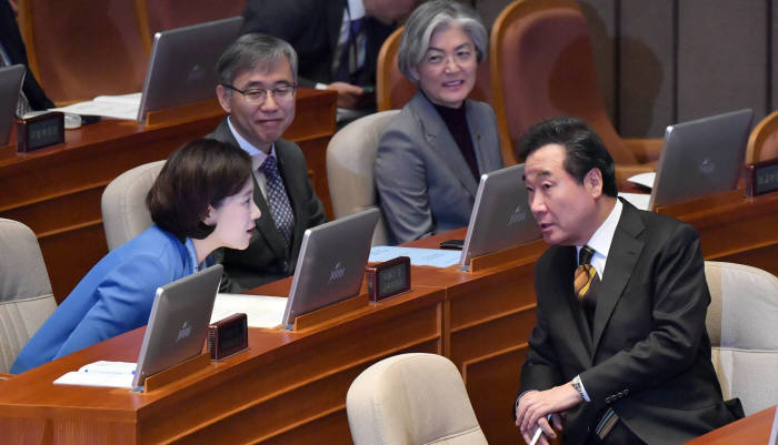 이낙연 국무총리가 28일 국회에서 열린 교섭단체 대표 연설에 앞서 유은혜 부총리 겸 교육부 장관과 이야기를 나누고 있다. 왼쪽부터 유 부총리, 김성수 과학기술혁신본부장, 강경화 외교부 장관, 이 총리. 사진 전자신문 박지호기자 jihopress@etnews.com