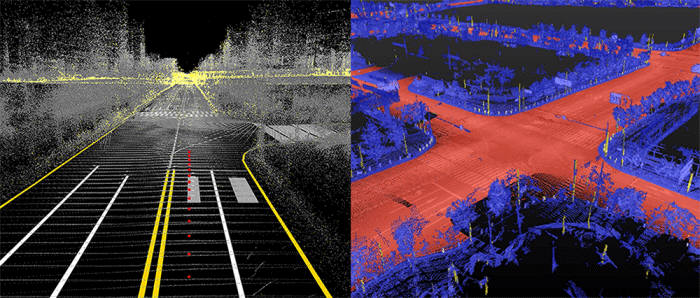 도로구조 정보 데이터와 비쥬얼 피쳐 데이터(좌) / 포인트클라우드 피쳐 데이터(우) 이미지=네이버랩스