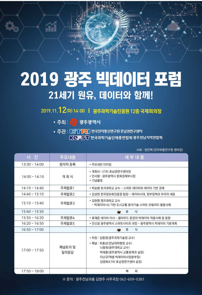 광주시는 12일 오후 2시부터 광주과학기술진흥원 12층 국제회의장에서 2019 광주 빅데이터 포럼을 개최한다.