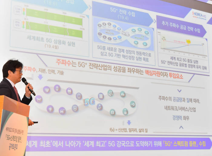 세계 최고 5G 강국 실현을 위한 5G+ 스펙트럼플랜 토론회가 27일 서울 중구 부영태평빌딩에서 열렸다. 이성엽 고려대 교수가 토론을 하고 있다. 박지호기자 jihopress@etnews.com