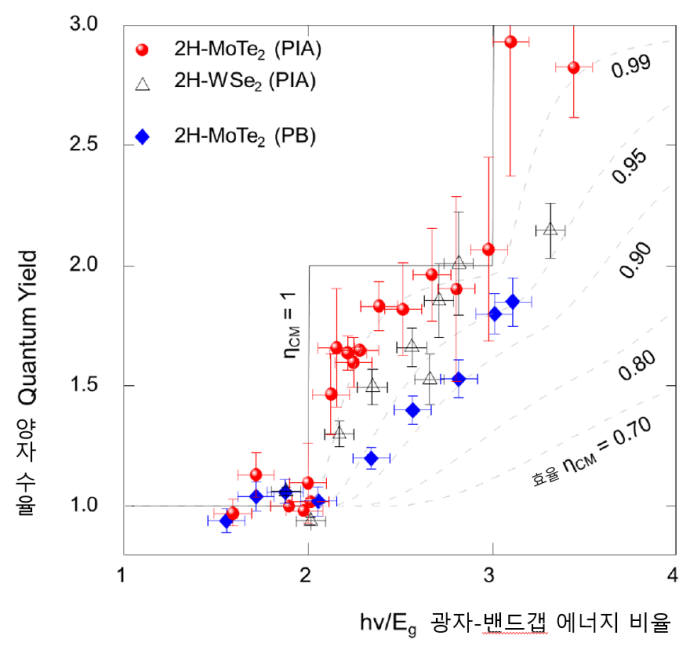 몰리브덴디텔루라이드(MoTe₂)와 텅스텐디셀레나이드(WSe₂)가 보이는 캐리어증폭 효율.