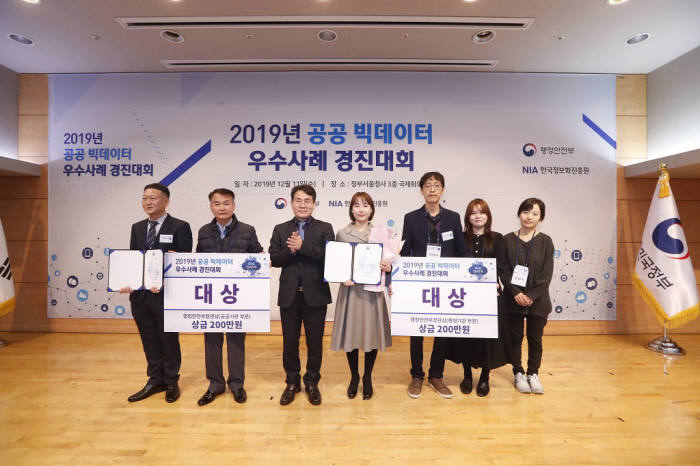 행정안전부 2019 공공 빅데이터 우수사례 경진대회 대상으로 오산시와 한국도로공사가 선정됐다. 이재영 행안부 정부조직혁신실장(왼쪽 세 번째)이 대상 기관 관계자와 기념촬영했다.