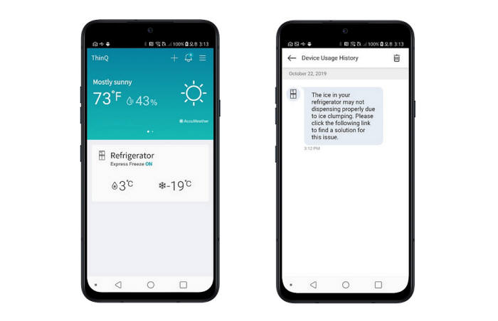 프로액티브 서비스가 LG 씽큐 앱에 등록된 냉장고의 작동상태를 분석해 얼음 디스펜서에 생길 수 있는 고장 가능성을 사전에 감지하고 최적의 상태를 유지할 수 있는 관리방법을 알려주고 있다.