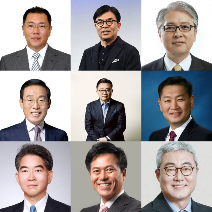 CES2020을 찾을 삼성,LG, 현대차,SK 등 재계 경영진 (왼쪽 위부터 정의선 현대차그룹 수석부회장, 김현석 삼성전자 사장, 권봉석 LG전자 사장, 김기남 삼성전자 부회장, 고동진 삼성전자 사장, 한종희 삼성전자 사장, 정호영LG디스플레이 사장, 박정호 SK텔레콤 사장, 김준 SK이노베이션 사장.