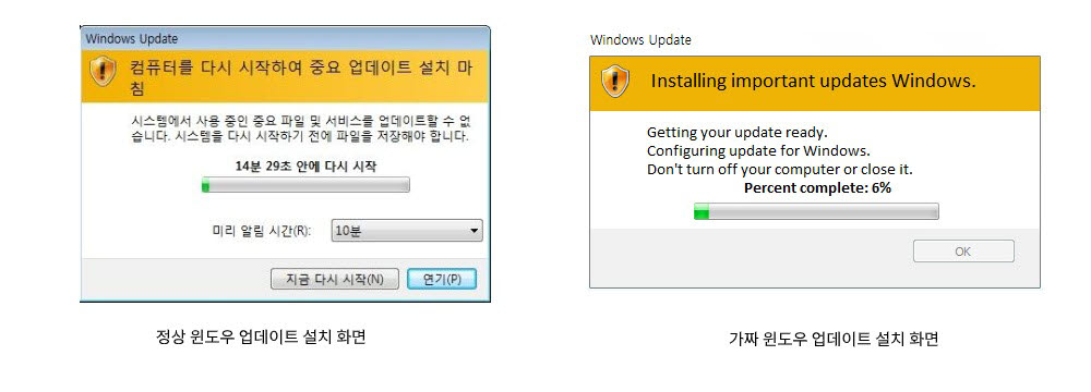 정상 윈도 업데이트 설치 화면(왼쪽)과 가짜 윈도 업데이트 설치 화면. 안랩 제공