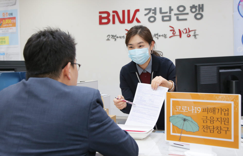 BNK경남은행이 코로나19 피해 중소기업에 신속하고 원활한 금융지원을 위해 코로나19 금융지원 전담 창구를 운영한다. 창구에서 직원이 중소기업 관계자와 상담하고 있다.