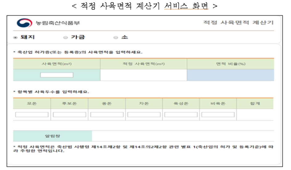 적정사용면적 계산기 서비스 화면