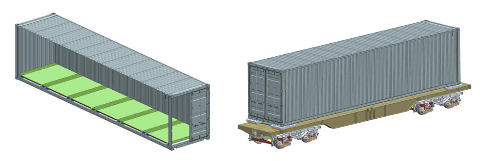 철도연이 개발 중인 철도화물 진동저감장치. 컨테이너 내부 설치 방식(왼쪽)과 외부 설치 방식.