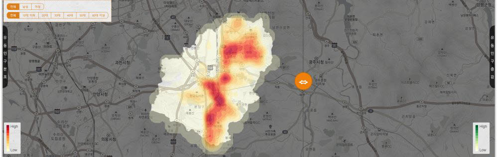 실시간 현재 인구가 많이 몰린 곳은 짙은 빨간색으로 표시된다.