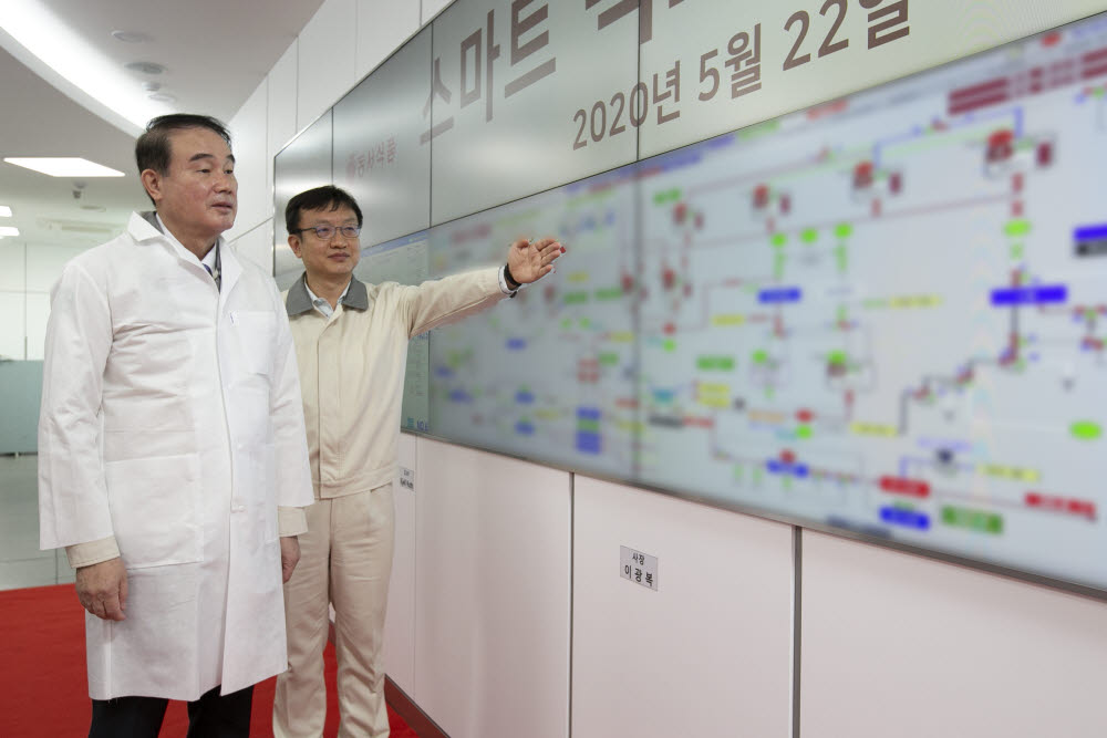 22일 인천시 부평구의 동서식품 부평공장에서 열린 스마트팩토리 개관식에서 이광복 동서식품 사장(왼쪽)이 공장 내 통합 컨트롤 룸을 둘러보고 있다.