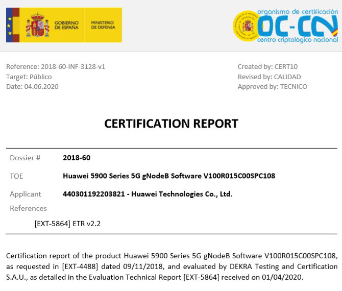 화웨이 5G 장비 화웨이 5900 시리즈 5G 지노드 소프트웨어에 발급된 국제 CC인증서. CCRA 제공