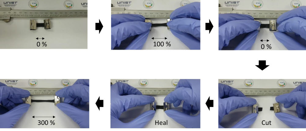 자가회복 열전소재의 신축성과 회복 테스트 이미지.
