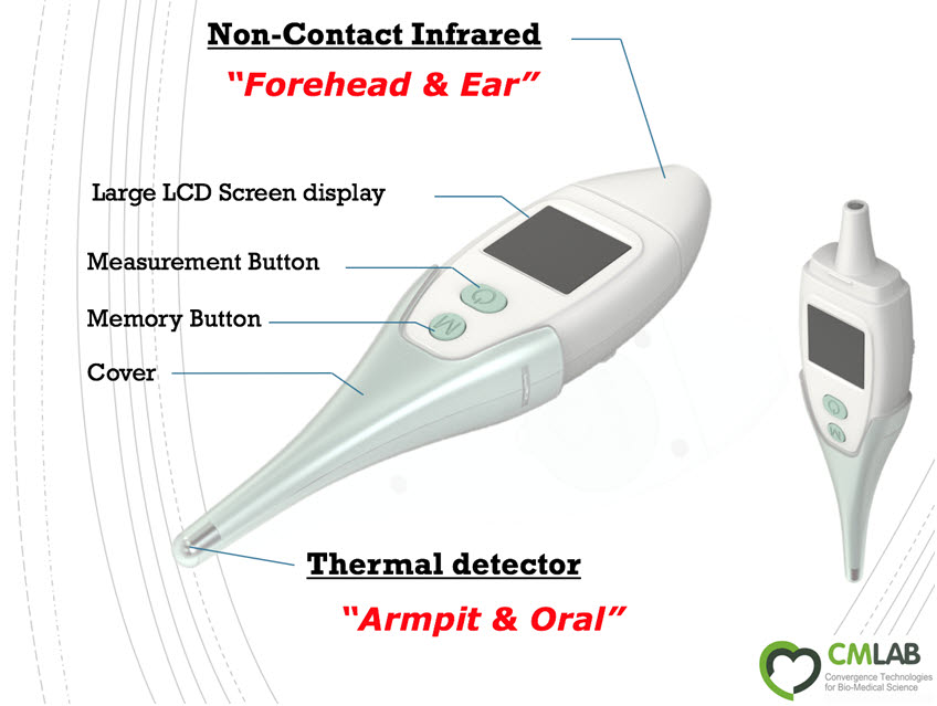 씨엠랩이 접촉식 체온계과 비접촉식 체온계를 하나의 제품으로 구현한 듀얼 방식 체온계를 개발했다. (사진=씨엠랩)