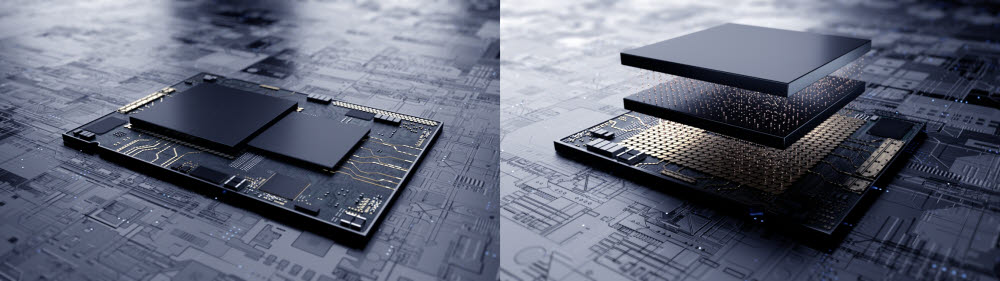 삼성의 X-cube 기술을 나타낸 그림(오른쪽). 기존 EUV 공정으로 만든 반도체는 평면으로 칩을 배치했다면, 삼성의 X-Cube 기술은 7나노 다이(die)를 적층하는 공법으로 칩 면적 감소와 전력 효율화를 도모할 수 있다. <사진=삼성전자>