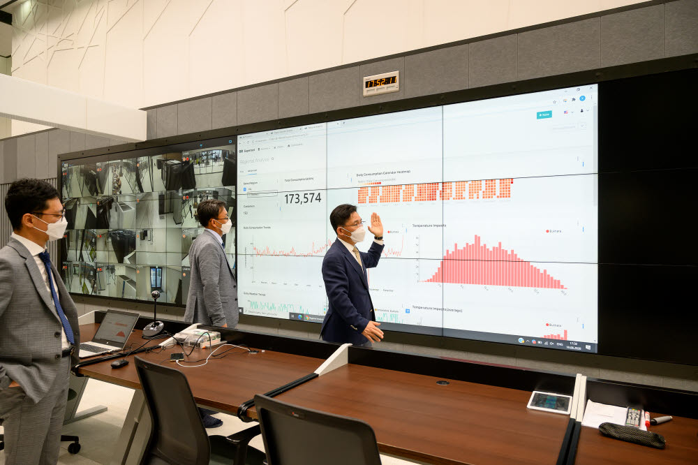 우즈베키스탄 CAS 데이터센터 관제실에서 KT 관계자들이 에너지플랫폼을 소개하고 있다