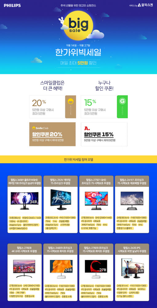 알파스캔, 한가위 빅세일 필립스 인기 모니터 최대 20% 할인