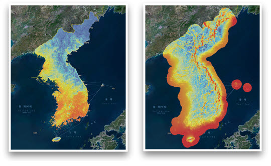 태양(왼쪽) 및 풍력(오른쪽)에너지 자원지도