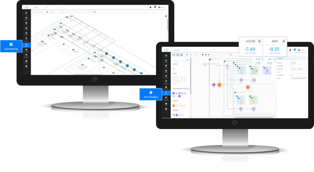 TuneCloud가 제공하는 토폴로지 맵(왼쪽)과 디자이너 화면