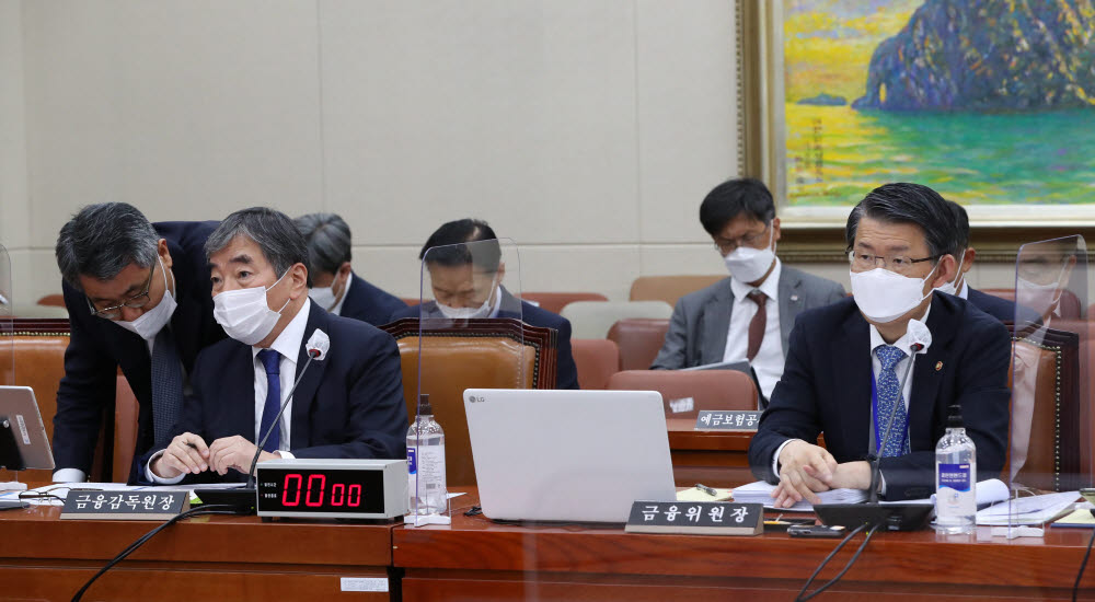 은성수 금융위원장(맨 오른쪽)과 윤석헌 금융감독원장이이 국회 정무위원회 종합감사에 출석해 질의를 듣고 있다. (서울=연합뉴스)