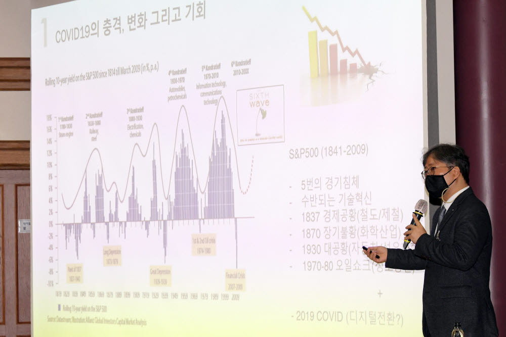 안준모 서강대 교수가 산업계 성공적 디지털 전환을 위한 과제를 주제로 발제하고 있다.