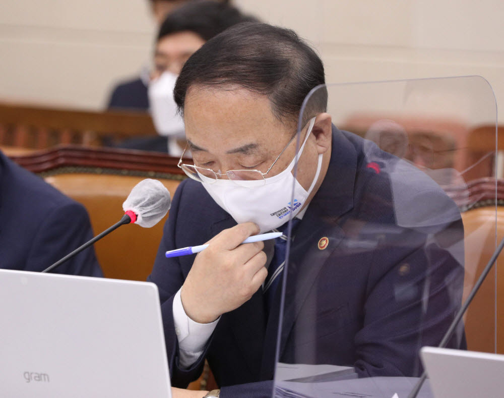 홍남기 경제부총리 겸 기획재정부 장관이 3일 오후 서울 여의도 국회에서 열린 기획재정위원회 전체회의에서 마스크를 고쳐쓰고 있다. 연합뉴스