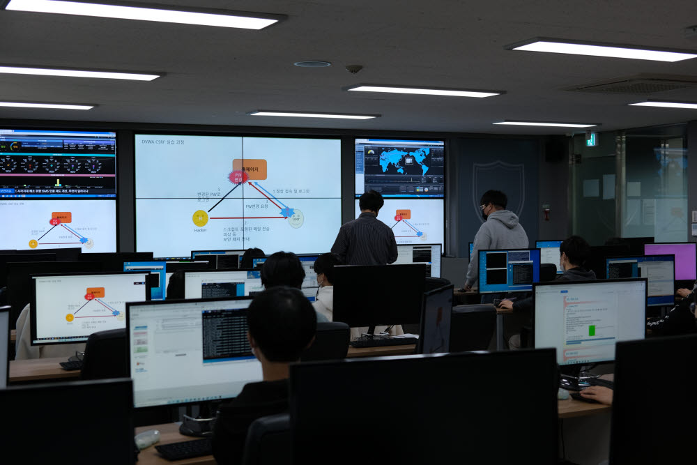 한국IT직업전문학교 재학생들이 전공심화 학기에 열린 AWS 아카데미 클라우드 기본과정를 수업하고 있다.