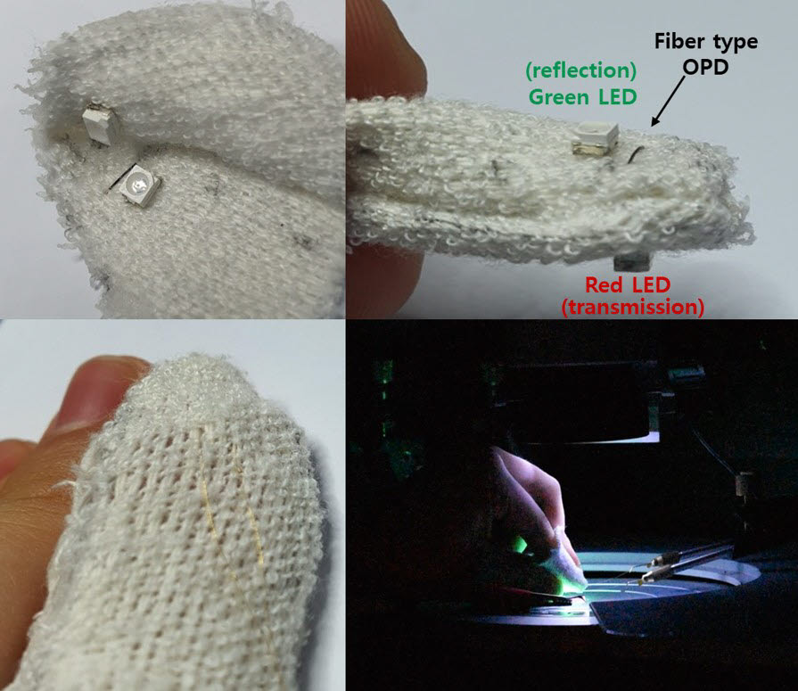 인체 신호를 모니터링 하기 위해 제작한 소자를 섬유에 삽입하고 LED와 함께 광혈류측정을 할 수 있음을 보여주는 사진