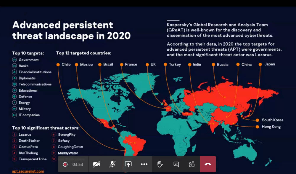 2020년 지능형지속위협(APT) 분석 개요. 카스퍼스키 온라인 세미나 캡처