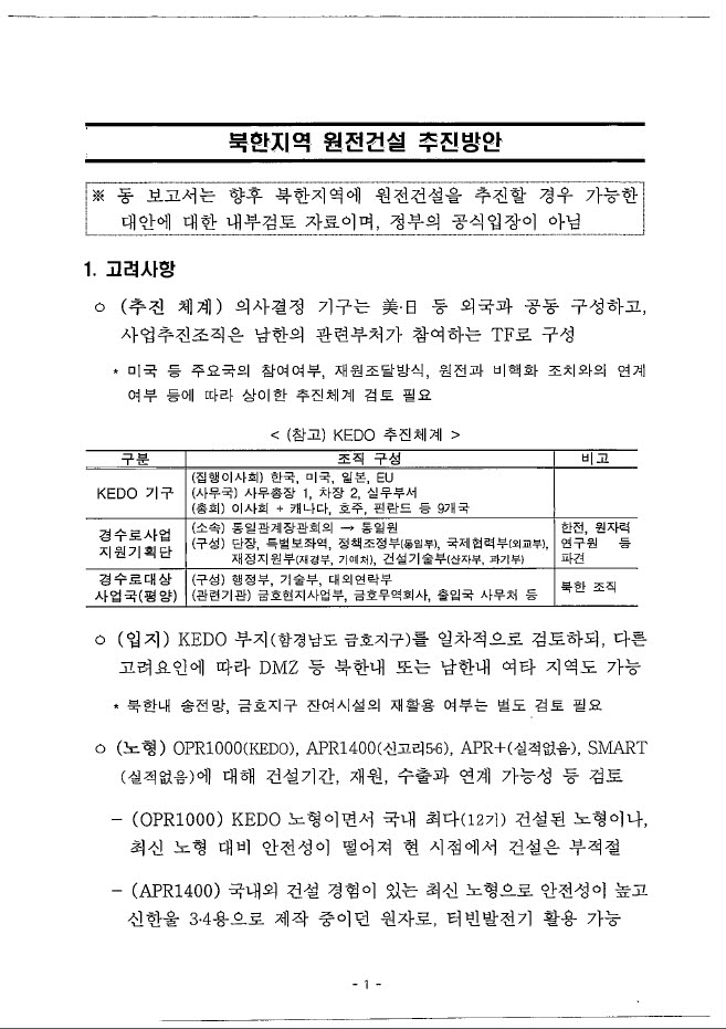 산업부 북한지역 원전건설 추진방안 문건 1페이지.