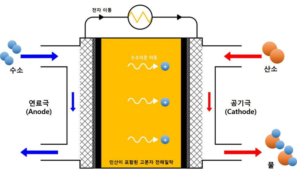 고온 고분자 전해질막 연료전지의 작동 원리.