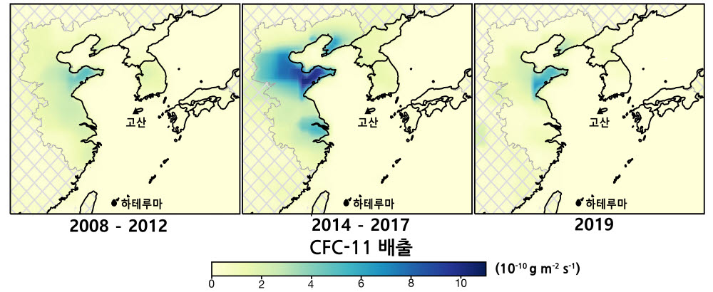 중국 동부지역에서 2019년 프레온 가스 배출량이 2013년 이전 수준으로 회복된 모습.