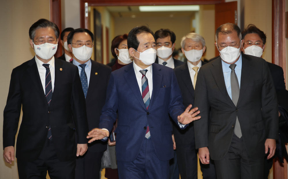 정세균 국무총리(가운데)가 성윤모 산업통상자원부 장관(왼쪽), 정의선 현대차그룹 회장(오른쪽) 등과 18일 경기 화성시 현대차 남양기술연구소에서 열린 국정현안점검조정회의에 입장하고 있다. 연합뉴스