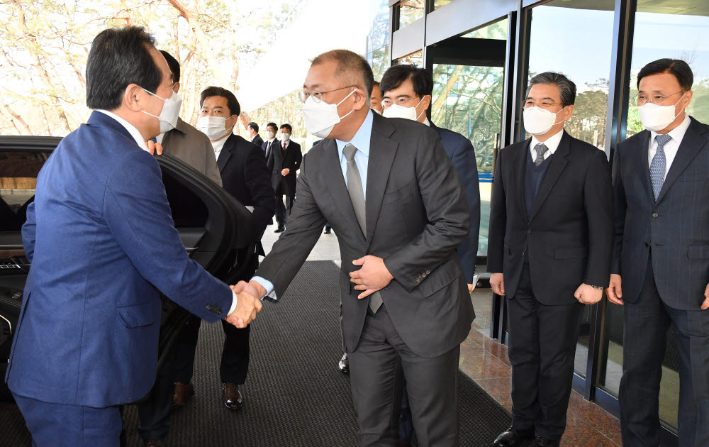 악수하는 정세균-정의선