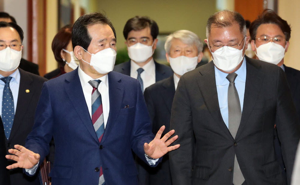 정세균 국무총리와 정의선 현대차그룹 회장이 대화하고 있다.