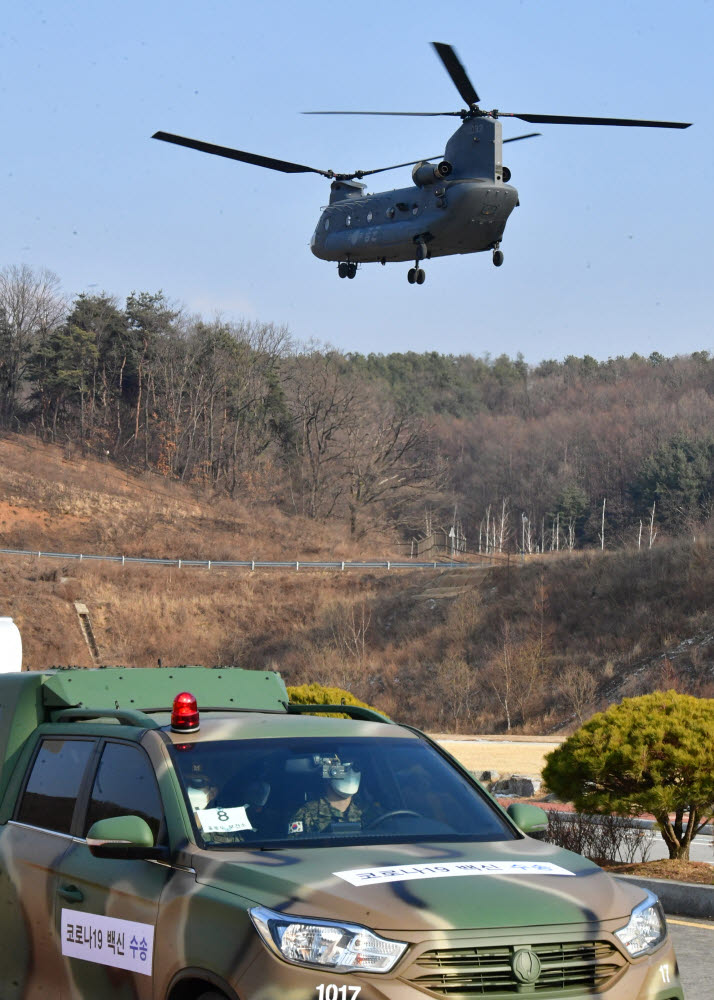 백신 모형을 실은 치누크헬기(CH-47D)가 이륙하고 있다