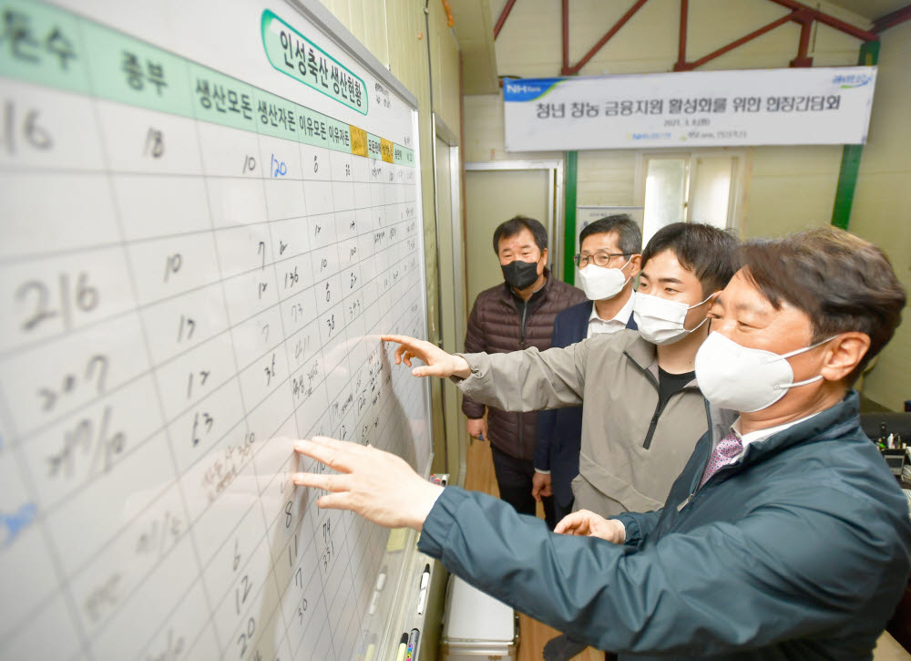 권준학 농협은행장(사진 맨 앞)이 지난 8일 예비창업농이 근무하는 경기도 포천 인성축산에서 창업 준비현황을 듣고 있다. (사진=NH농협은행)