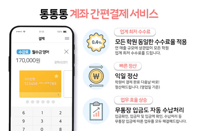 대교그룹의 학원 전문 서비스 에듀베이션이 자사 간편확인관리 프로그램 통통통에 계좌 간편결제 신규 서비스를 선보였다.