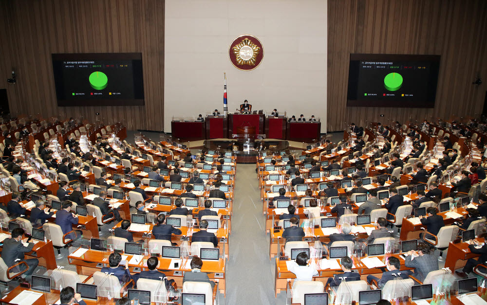 24일 서울 여의도 국회에서 열린 본회의에서 재산등록의무 대상자를 확대한 공직자윤리법 일부개정법률안이 통과되고 있다.