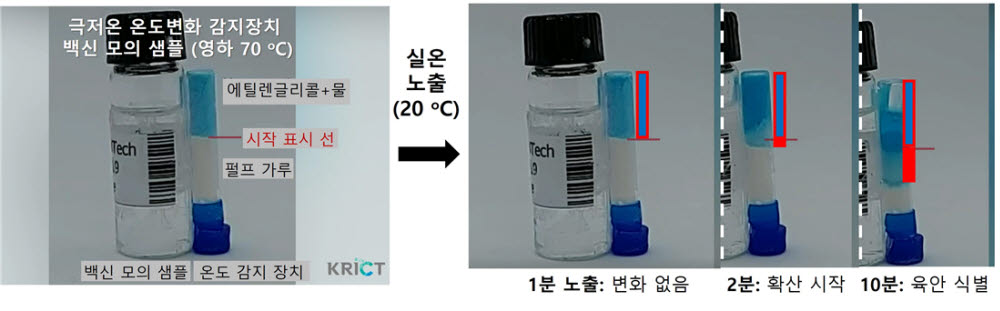 영하 70도 보관 백신 모의 샘플을 이용한 극저온 온도변화 감지장치 실온 노출 실험. 실온에서의 1분까지 노출은 이력이 기록되지 않지만, 2분부터 확산이 시작돼10분이 지나면 육안으로 뚜렷하게 식별된다.