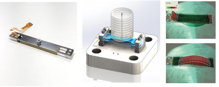 압전 햅틱 액추에이터 이미지(사진 왼쪽), 모식도(중앙), 레이저 표면 속도계를 이용 진동변위측정(오른쪽).