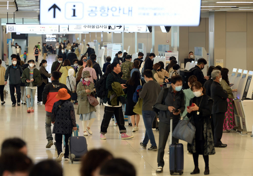 작년 4월 코로나19로 해외여행길이 막히자 수많은 내국인 관광객이 김포공항에서 제주발 비행기 탑승을 준비 중이다.