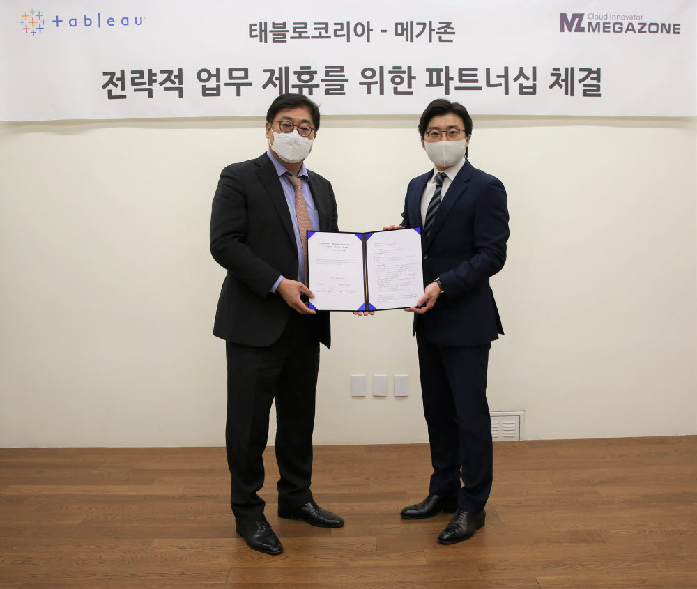 이주완 메가존 대표(오른쪽)와 김성하 태블로 소프트웨어 한국지사장이 파트너십을 체결한 후 기념촬영했다. 메가존 제공