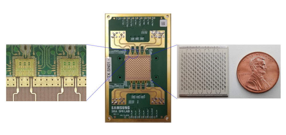 16 채널 140 GHz 모듈(가운데)과 이를 구성하는 이중 채널 140 GHz RFIC(좌측)와 128개 안테나 소자(우측)