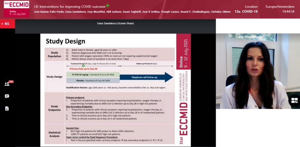 지난 12일 온라인으로 진행된 제31차 유럽 임상미생물학 및 감염질환학회(ECCMID)에서 렉키로나의 글로벌 임상 3상 연구자로 참여한 루마니아 캐롤 다빌라 의학·약학 대학 오아나 산두레스쿠 박사가 코로나19 항체 치료제 렉키로나의 글로벌 임상 3상 결과를 발표하고 있다. (사진=셀트리온)