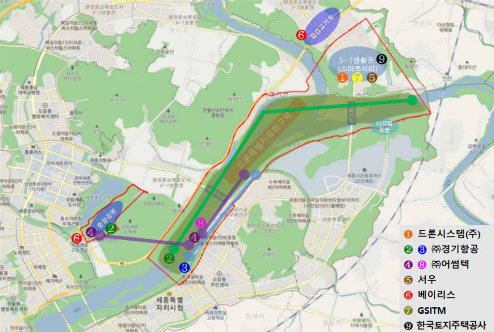드론 실증 서비스 위치도. 사진출처=세종시