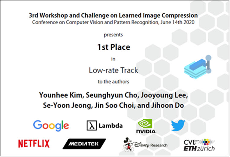 ETRI 연구진의 2020 CVPR CLIC 경진대회 1위 상장