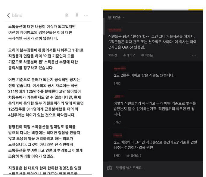 직장인 익명 커뮤니티 블라인드에 게시된 케이뱅크 스톡옵션 관련 폭로글들. <출처=제보>