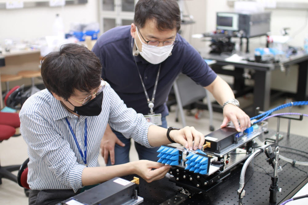 LG-KAIST 6G 연구센터 소속 연구원이 한국표준과학연구원에서 빔포밍 시스템을 테스트 하고 있다. 왼쪽부터 김당오 LG-KAIST 6G 연구센터 선임연구원, 권재용 표준연 책임연구원.