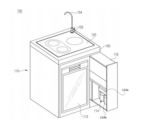 코웨이가 개발한 정수기-전기레인지-식기세척기 결합형 싱크 어셈블리. 출처 - 특허청