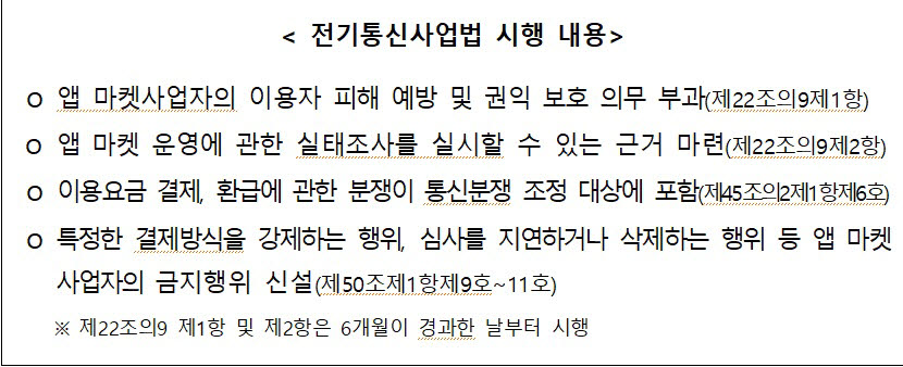 세계 최초로 앱 마켓 사업자의 인앱결제 강제를 규제하는 개정 전기통신사업법이 14일 공포·시행됐다. 해당 법은 지난 달 말 국회 본회의를 통과, 이달 7일 국무회의 의결을 거쳐 이날 관보에 게재됐다. 개정 법안 주요 내용